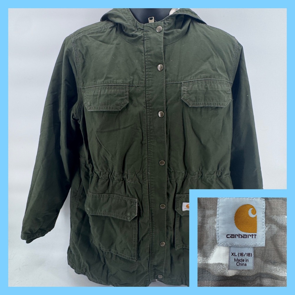 Carhartt Womens Green‎ Hooded Utility Jacket XL Cotton Blend Drawstring Pocket